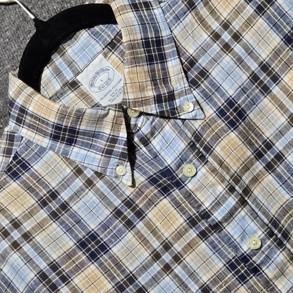Brooks Brothers Shirt Mens Large Blue Tan Plaid Slim Fit Irish Linen Long Sleeve